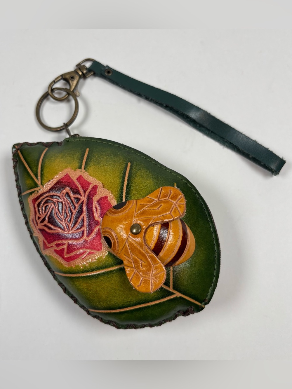 Handcrafted Coin Purse Tooled Leather Leaf Shaped Wristlet Bee Rose Key Pouch